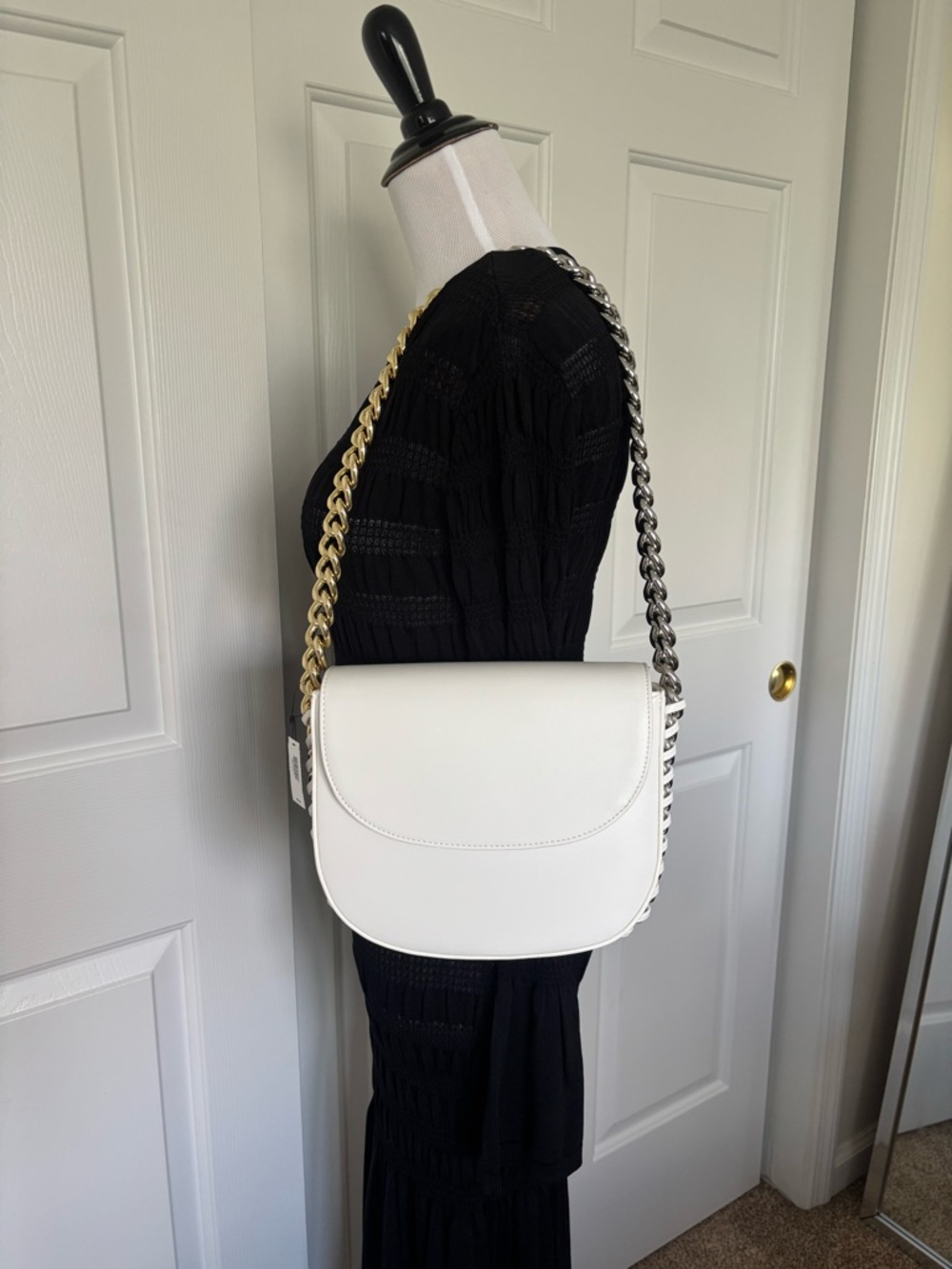 Express White Faux Leather Shoulder Bag with Two-Tone Chain Strap